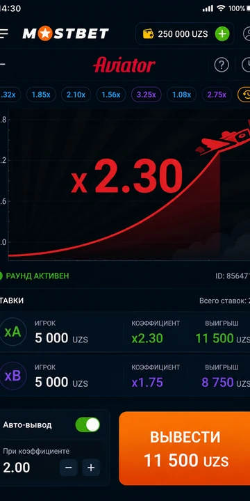 Mostbet UZ da Aviator — ikkita garov va keshaut tugmasi bilan mobil interfeys