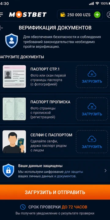 Mostbet UZ KYC so'rovi — hujjatlarni yuklash ekrani: ikki sahifali pasport va selfi